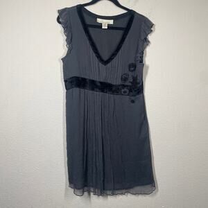 Suzette Medium Embellished Beaded Mini Shift Dress Black V Neck Velvet Trim